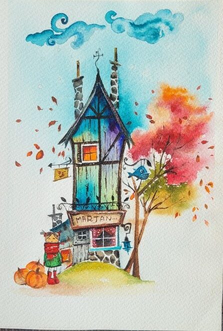 Whimsical cottage with vibrant colors and autumn leaves watercolor painting by Marjan